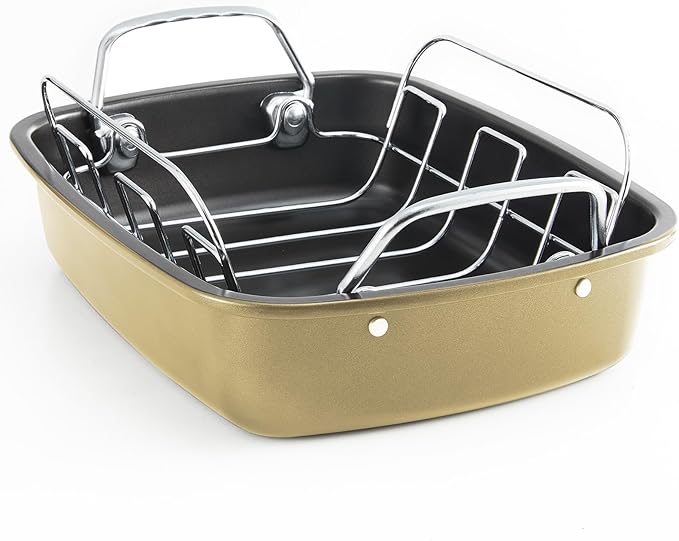 KITESSENSU Large Roasting Pan with Rack - 25 LB Nonstick Turkey Roaster Pan for Oven - Heavy Duty Carbon Steel Roasting Pan with Wider Handles for Chicken, Vegetables & Holiday Meals, Gold