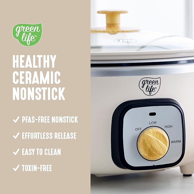 GreenLife 3.5QT Slow Cooker, PFAS-Free Non-Toxic Ceramic Nonstick Removable Interior Bowl, Programmable, Keep Warm, Stovetop & Oven Safe Pot, Dishwasher Safe Crock & Glass Lid, Cream