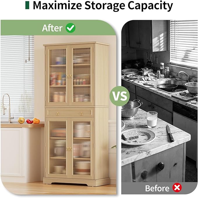 Kitchen Pantry Cabinet with Doors, 72" Tall Storage Cabinet with Adjustable Shelves, Wood Food Kitchen Pantry, Solid Freestanding Cupboard Display Cabinet for Dining Room Living Room