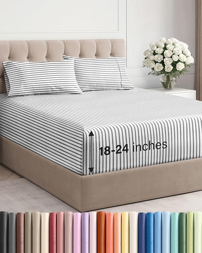 Extra Deep Pocket King Sheets - 4 Piece Breathable & Cooling Bed Sheets - Hotel Luxury Bed Sheet Set - Soft, Wrinkle Free & Comfy - Easily Fits Extra Deep Mattresses - Deep Pocket Grey Striped Sheets