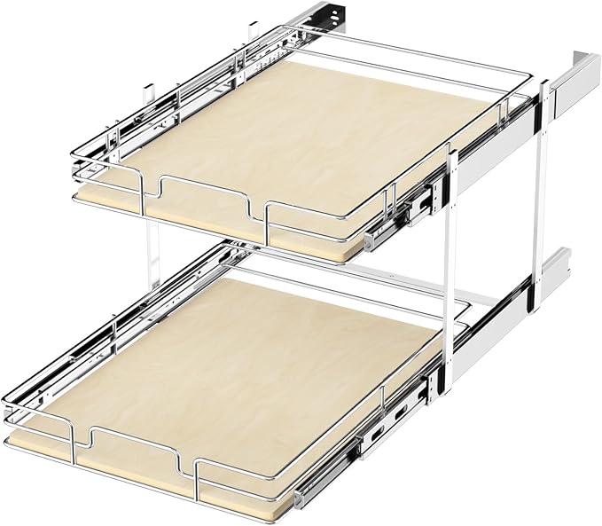 ROOMTEC 2 Tier Individual Pull Out Cabinet Organizer 22쩍"W x 21쩍"D, Slide Out Wood Shelves Organizers, Pull Out Drawers Organization and Storage for Kitchen Cabinet