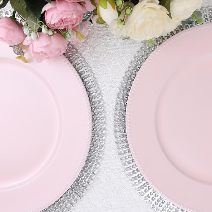 Set of 12 Plastic Pink Charger Plates, Elegant Chargers for Table Dinner Decoration, Wedding, Holiday,13"