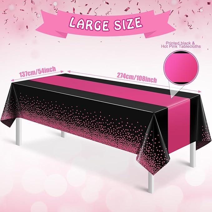 3Pcs Black Hot Pink Tablecloth Party Decorations,Plastic Black Table Cloth Printed Hot Pink Table Runner Disposable Rectangle Cover for Birthday Wedding Anniversary Graduation Party,54x108 Inch