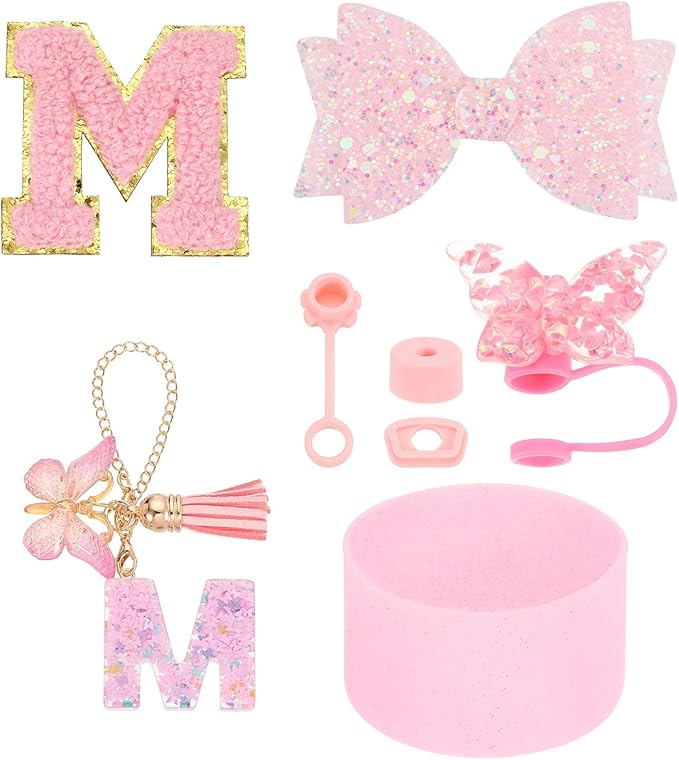 uxcell 8Pcs Cup Accessories Set for Cup Tumbler with Handle, Including Silicone Straw Cover, Boot, Spill Proof Stopper, Handle Charm, Initials Sticker(Letter M, Pink)