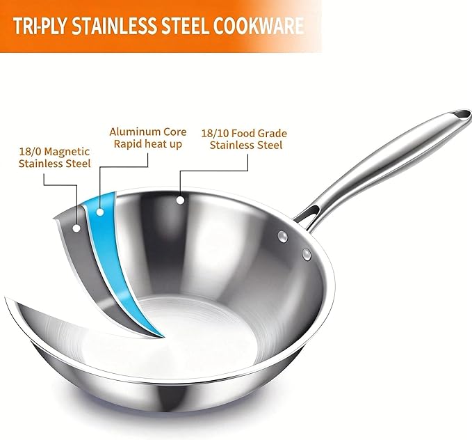 DELARLO Tri-Ply Stainless Steel Woks, 12 Inch Healthy Non-Toxic Cooking Wok Pan with Lid, Wide & Deep Cookware Stir-Fry Pans, Dishwasher and Oven Safe Up To 600째F, Works on Induction