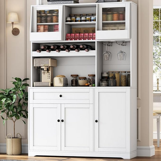 71" Pantry Cabinet with LED Light & Outlet, Kitchen Hutch Storage Cabinet with 6 Adjustable Shelves and 3 Hanging Rack Shelves,Food Pantry for Kitchen, Dining Room or Living Room, White