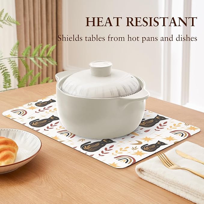 QIYI Placemats Set of 6, 12x18 Inch Faux Leather Place Mats for Kitchen Dinning, Heat Resistant Anti Slip Folk Table Mats, Waterproof Wipeable Washable Placemat Party Table D챕cor, Boho Black Cats
