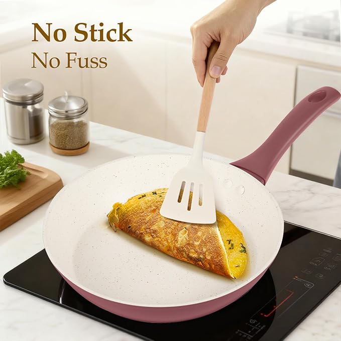 Pots and Pans Set Non Stick, 11 Pcs Kitchen Induction Cookware Set, Non Toxic Granite Nonstick Cooking Set with Frying Pan Set, Saucepans, Utensils, Reddish Brown