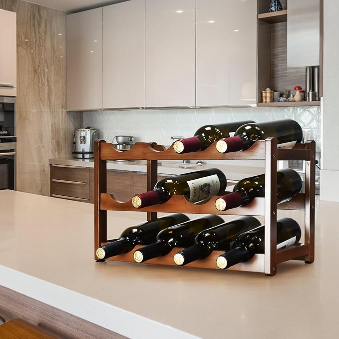 Wine Rack, 12 Bottles 3-Tier Free Standing Wine Racks, Wine Rack Countertop Holder Storage Shelf for Kitchen Cabinet Dining Room Bar (Brown)