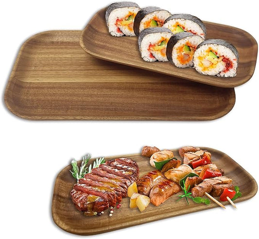 MinBoo Wooden Acacia Plates set of 3, 9-6Inch Wood Acacia Serving Trays, Farmhouse Kitchen Plates, Reusable Wooden Dishware for Dining, Appetizers, Snacks, Parties (rectangle)