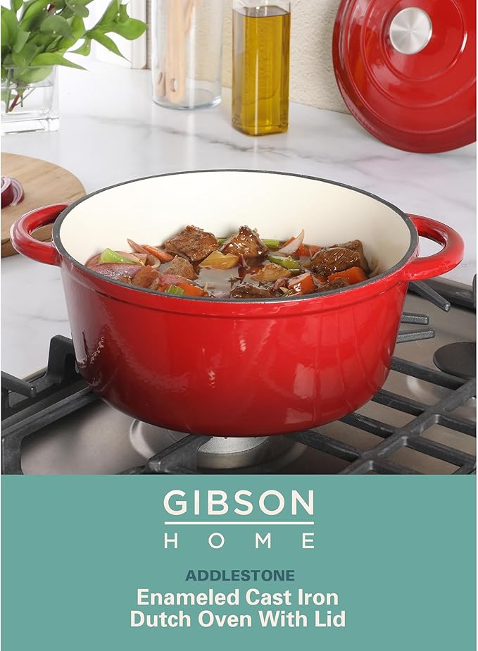 Gibson Home Addlestone 5-Quart Red Enamel Cast Iron Dutch Oven with Lid and Dual Handles ??Durable Round Cooking Pot