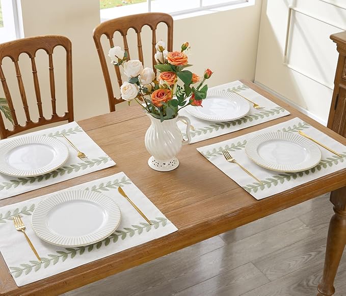Wracra Embroidered Placemats, 13 x 18 Inch Set of 6 Placemats, Irregular Willow Rustic Place Mats for Kitchen Table and Heat Resistant, Light Sage Green 6PCS