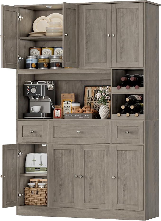 Pantry Organizers and Storage Cabinet, 72??Tall Kitchen Pantry Storage Cabinet with Microwave Stand, Wine Rack, Drawers and Adjustable Shelf for Dining Room, Living Room, Home BarAsh Grey