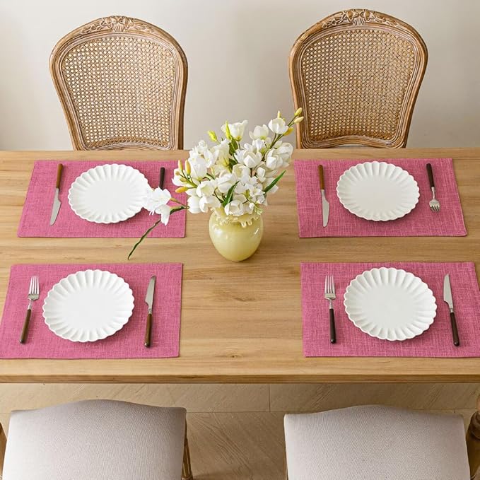 Aironment Placemats Set of 8, Bilayer Thickened Linen Place Mats Heat Resistant Machine Washable Wrinkle Free Carefully Selected Polyester Mats for Kitchen/Dining/Coffee Table (Pink)