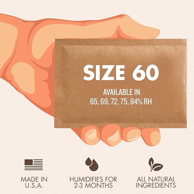 Boveda 65% Two-Way Humidity Control Pack for Up to 25 Items ??Size 60 ??Single ??Aging & Long-Term Storage in Plastic & Wood Boxes ??Moisture Absorber ??Humidifier Pack ??Individually Wrapped