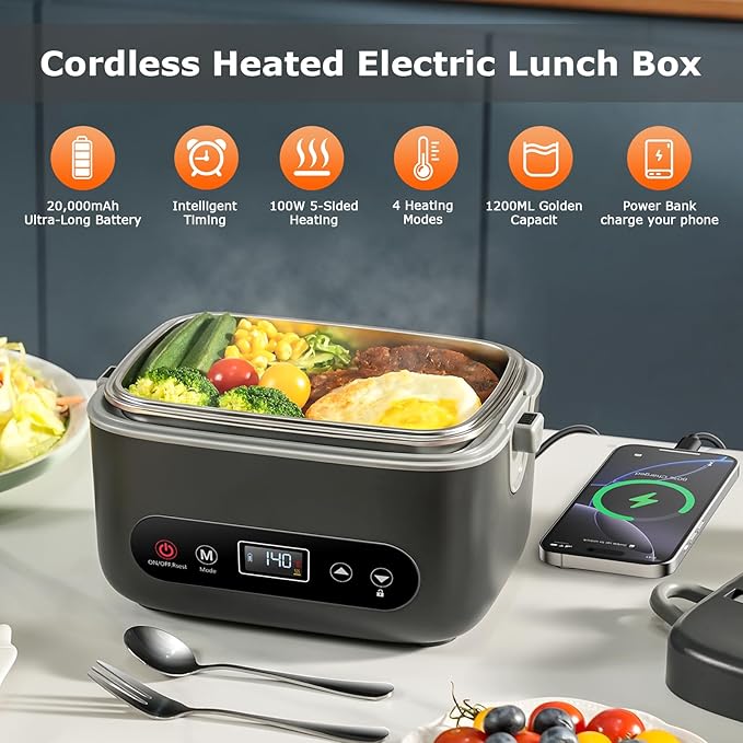 THZDMI 1.2L Cordless Electric Lunch Box ??20000mAh Rechargeable Portable Food Warmer with 5-Sided Heating, Auto Temperature Control, Leakproof & BPA-Free ??Perfect for Office, Truck, Outdoors Black