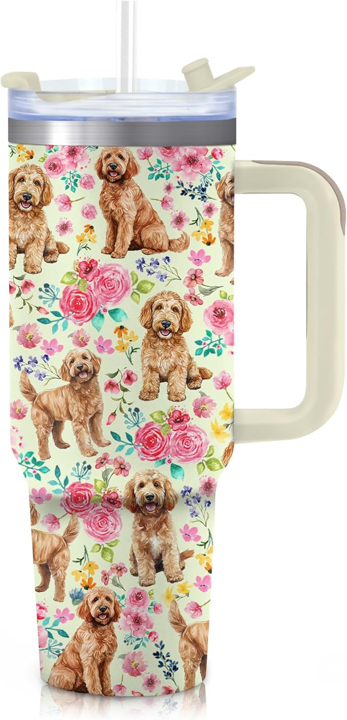 Yogusut Goldendoodle Gifts for Women, 40oz Stainless Steel Insulated Tumbler Travel Mug Cup with Handle Straw, Gifts for Dog Mom Dog Lover