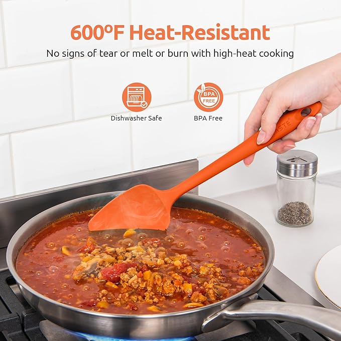 U-Taste Flat Spatula & Spoon Spatula: 11.38in 600쨘F Heat Resistant Silicone Bowl Scraper, Flexible Rubber Kitchen Cooking Mixing Utensil with Upgraded Non-Stick Surface (Set of 2, Orange)