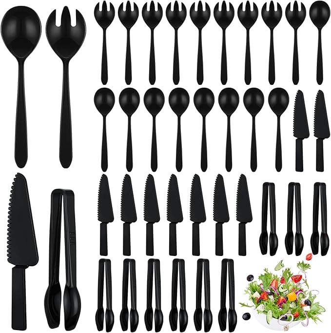40 Set Disposable Plastic Serving Utensils Include10 Pcs 6.3 Serving Tongs 10 Spoons 10 Forks 10 Knives for Christmas Buffets Food Weddings Family Gathering Birthday Party(Black)