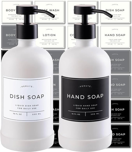 Hand and Dish Soap Dispenser for Kitchen and Bathroom, Set of 2 16 Oz Glass Bottles, Stainless Steel Pumps, Non-Slip Silicone Base, 27 Waterproof Labels (Matte White Bottle/Black Pump)