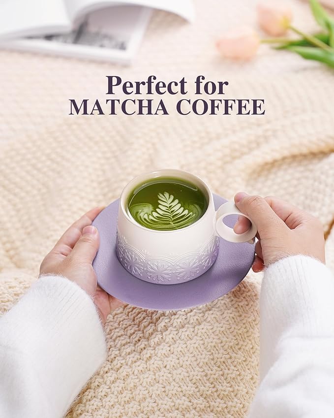ZENS 7.3 Ounce Cappuccino Cups Set of 2, Artistic Embossed Ceramic Cappuccino Mugs and Saucers, Double Espresso Cups Set of 2 for Au Lait, Cafe Mocha or Matcha Latte or Tea, Pale Purple