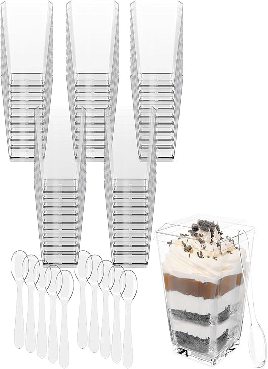 100 Pack 3 oz Mini Dessert Cups with Lids and Spoons (Clear Spoons) - Plastic Shooter Appetizer Parfait Cups with Lids Reusable - BPA Free Catering Supplies for Party - Dessert Bowls (CLEAR SPOONS)