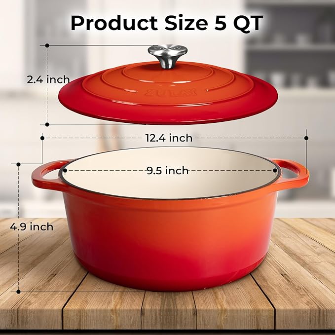 Zulay Kitchen 5 Quart Enameled Cast Iron Dutch Oven Pot with Lid ??Premium Durability & Oven Safe up to 500째F ??Heavy Duty Cookware Perfect for Bread Baking, Stews, Braising & Roasting ??Orange