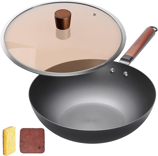 WANGYUANJI Iron Wok 12.6 inches,Wooden Handle Chinese Iron Pot Carbon Steel Wok Non-Coated Stir Fry Pan,Suitable for Home Cooking, Compatible with Induction, Gas, and Electric Ceramic Cooktops