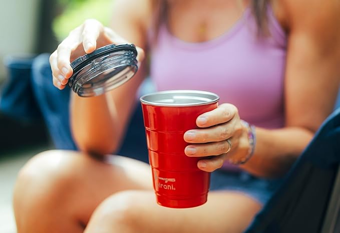 Pirani 16oz Insulated Stackable Tumbler - Skinny-Wall Triple Vacuum Insulation Cup with Version 2.0 Air-Tight, Screw-On Lid Lid - Space Saving Design - Party Red
