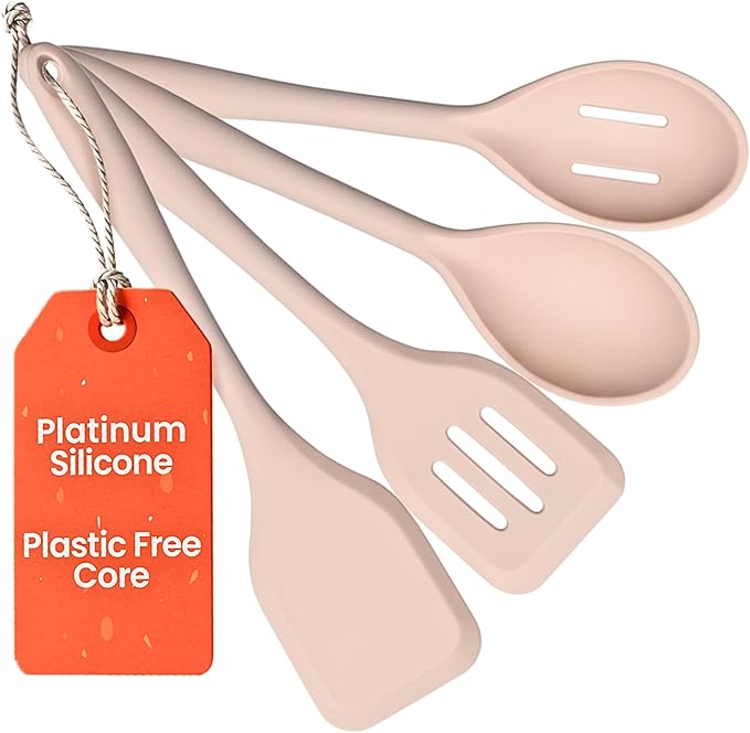 Non-Toxic Platinum Silicone Kitchen Utensil Set of 4 ??Non-Scratch Cooking Spoon & Spatula, 100% Plastic Free, Stainless Steel Core, Heat Resistant 500째F, Beige