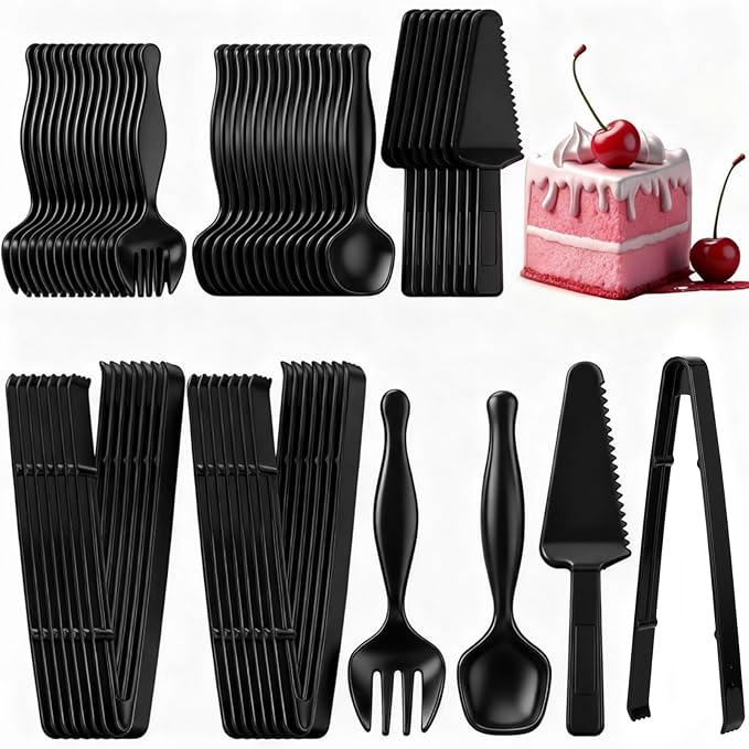 50 Pcs Disposable Plastic Serving Utensils Set Include 8.5'' Serving Spoons Forks 9'' Tongs and Knives for Birthday Party Buffet Dinner Food Salad Utensils Christmas (Black)