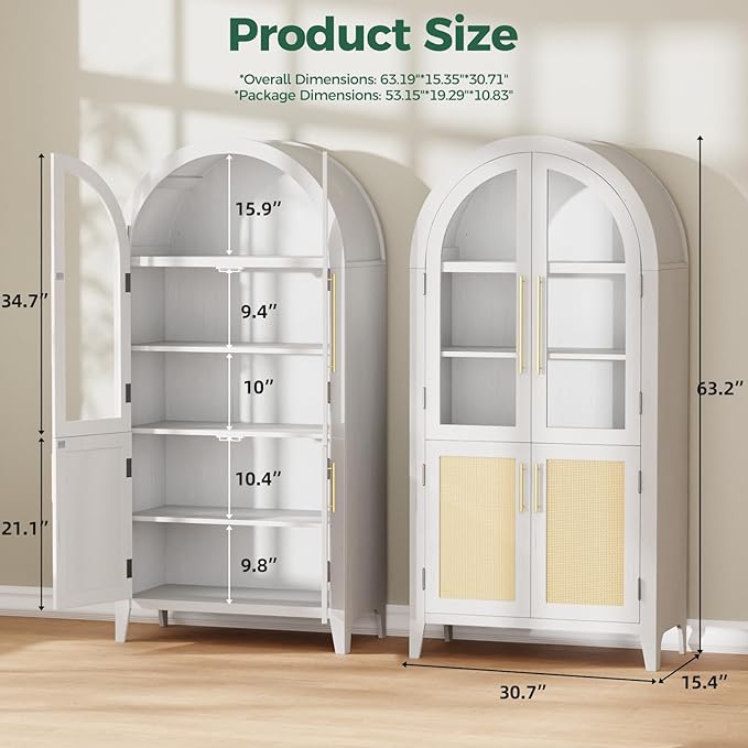 63??Arched Kitchen Pantry Cabinet ??5-Tier Modern Farmhouse Storage Cabinet w/Glass & Fluted Doors, Adjustable Shelves for Kitchen, Living Room, Entry, Office, Engineered Wood, White