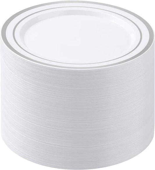BESTSTAR 100PCS White Plastic Plates for Party, 10.25 Inch Disposable Plates with Silver Rim, Heavy Duty Dinner Plates for Christmas, Wedding and Birthday