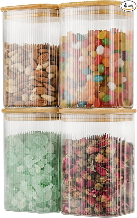 37oz Airtight Glass Square Storage Canisters with Bamboo Lids Set of 4 (1100ml) Striped Stackable Containers, Decorative Kitchen Jars for Tea, Nuts and Coffee (?럚ith Black Lable)