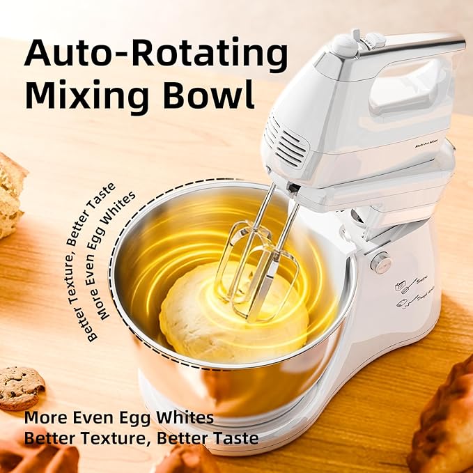 Stand Mixer Hand Mixer Electric Kitchen - 4.8 QT Smart Auto-Rotating Bowl & Beater Standing Mixer, 5-Speed Tilt-Head Household Mixer with Beaters & Dough Hooks for Baking,White