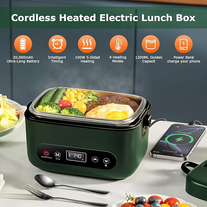 THZDMI 1.2L Cordless Electric Lunch Box ??20000mAh Rechargeable Portable Food Warmer with 5-Sided Heating, Auto Temperature Control, Leakproof & BPA-Free ??Perfect for Office, Truck, Outdoors Green