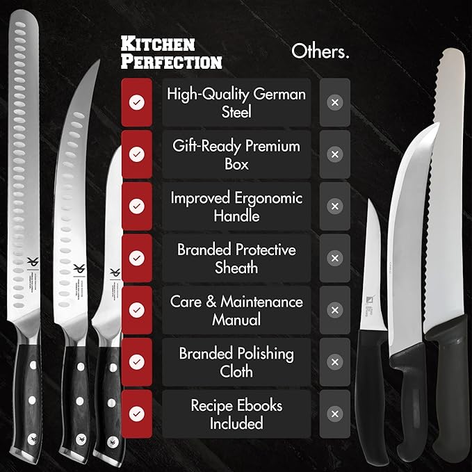 KITCHEN PERFECTION 3-Piece BBQ Slicing & Carving Meat Knife Set -12??Brisket Knife, 10??Butcher Knife, 6??Boning Knife with Sheaths -Razor Sharp German Steel,Full Tang Ergonomic Handles- Gifts for Men