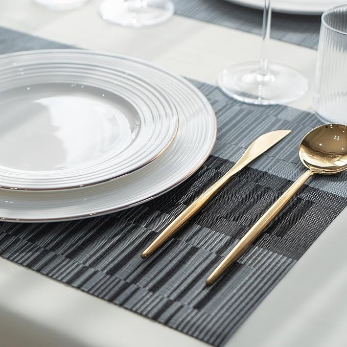 SUMYMERY Placemats Set of 8 Vinyl/Plastic Woven Place Mats for Kitchen Table Indoor/Outdoor Washable Placemat Wipeable Dining Table Mats (Ombre Silver Grey Black,8)