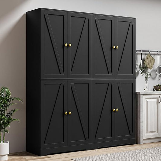 LYNSOM Farmhouse Pantry Storage Cabinet Set of 2, 72" Tall Kitchen Pantry Cabinet with 4 Barn Doors and Adjustable Shelves, Black Storage Cabinets for Kitchen, Dining Room, Black