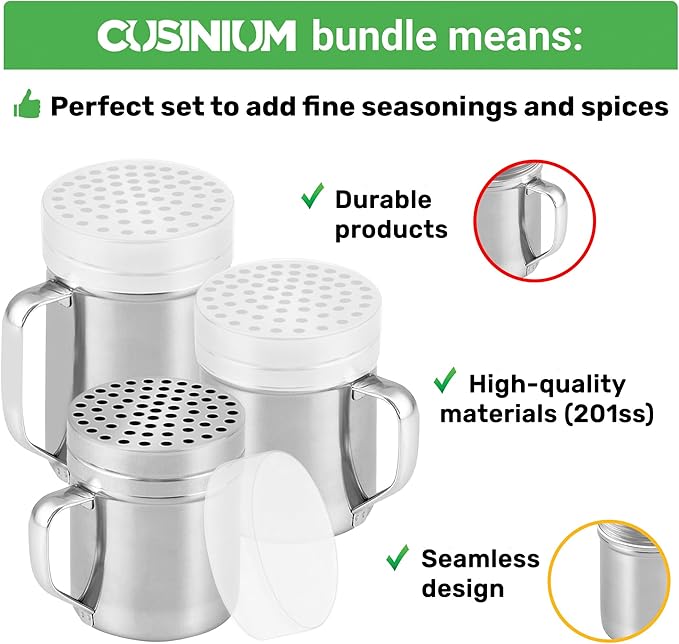 [10oz + 10oz + 14oz] Large Holes Stainless Steel Dredge Shaker Bundle - by CUSINIUM