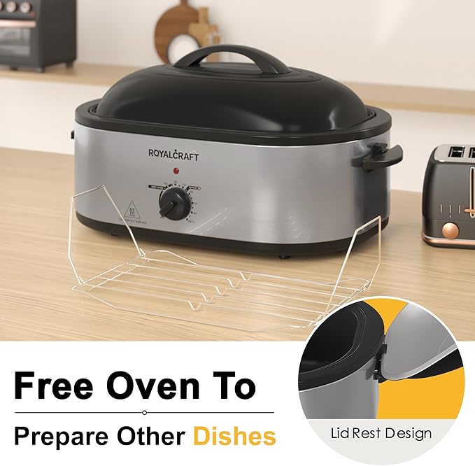 Royalcraft Roaster Oven with Self-Basting Lid, 18qt Electric Roaster with Removable Pan & Rack, Turkey Roaster Oven with Defrost & Warm Function, Stainless Steel, Silver
