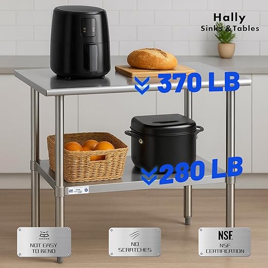 Hally Stainless Steel Table for Prep & Work 14 x 48 Inches, NSF Commercial Heavy Duty Table with Undershelf and Galvanized Legs for Restaurant, Home and Hotel