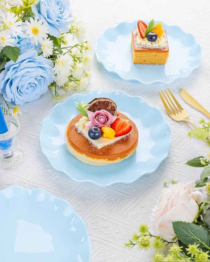 LIYH 20 Pcs Light Blue Plastic Plates Reusable 7.5 Inch - Unbreakable Scalloped Dessert Plates for Weddings Camping Party Outdoor Picnics Dishwasher Safe BPA Free (20Guests)