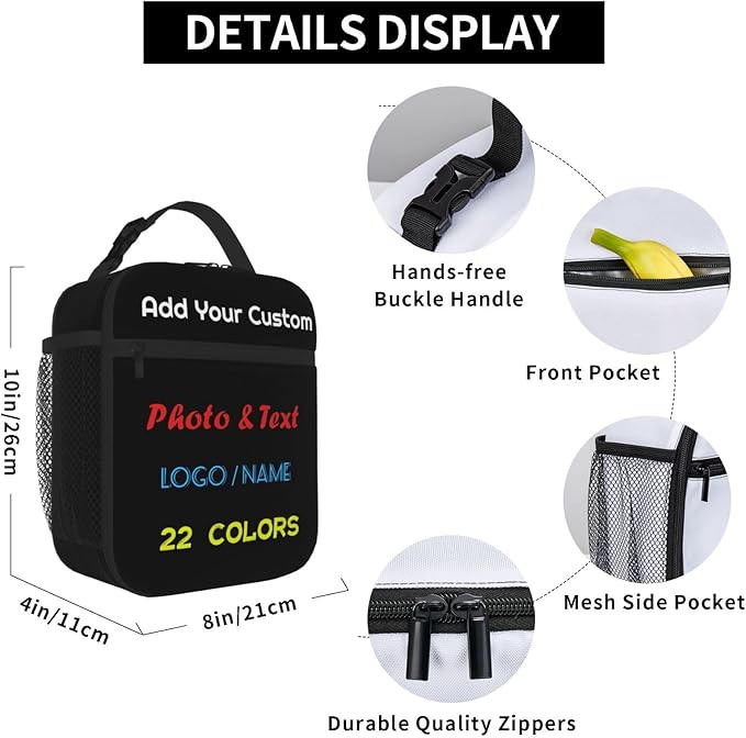 Customized Lunch Box with Photo/Name Personalized Insulated Lunch Bag for Teens Kids Adults Boys Girls Women Men, Design Your Own Lunchbox, Portable Meal Bag with Water Bottle Holder and Handle