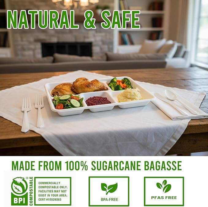 5 Compartment Compostable Heavy Duty Disposable Paper Plates, 300 Count | 10.2" X 8.3" | Natural Bagasse, White Biodegradable Eco-Friendly School Lunch, Buffet, Party Sugarcane Tray
