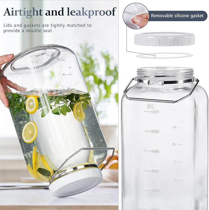 Folinstall 2 Gallon Large Glass Jar with Lid, Wide Mouth Storage Jars with Stainless Handle, Extra Big Glass Container with 2 Scale Mark for Storing Food, Kitchen Organization, 7400 ML/250 OZ