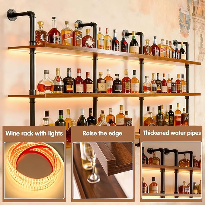 Wall Mounted Wine Rack with LED Light, 4 Tiers Large Wine Rack with Wine Glass Holder. lron & Wood Liquor Bottles Floating Shelves Display Storage for Bar, Kitchen, Cafe (Walnut, 120cm/47.2in)