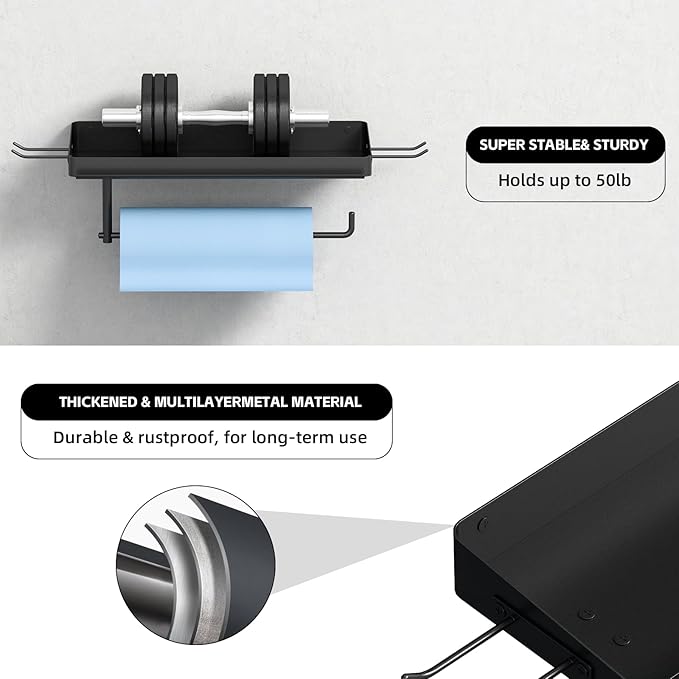 Garage Shop Paper Towel Holder Wall Mount, Garage Organization Paper Towel Phone Holder with Shelf and 2 Hooks, Heavy Duty Steel, One Hand Tear for Kitchen Garage and Utility Room RV Car