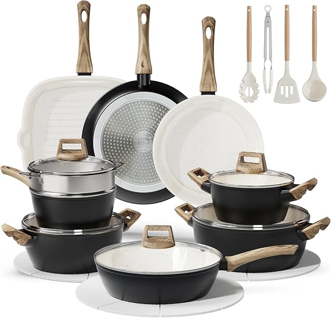 Pots and Pans Set, 24-Piece Non Stick Ceramic Cookware Set with 3 Stockpots-Healthy & Non-Toxic for Family Cooking, PFAS/PTFE/PFOA-Free, Lightweight & Easy to Handle, Induction Compatible