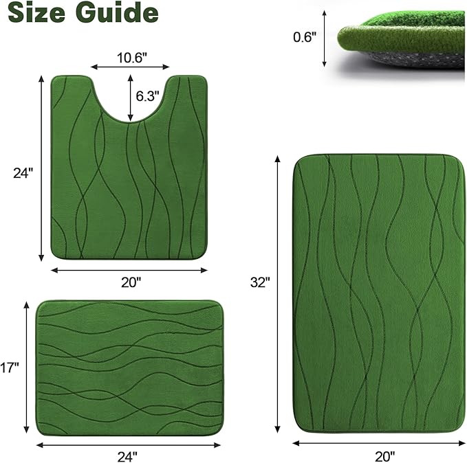 YIHOUSE Memory Foam Bathroom Rug Sets 3 Piece, Ultra Absorbent Bath Mat for Bathroom - Non-Slip Machine Washable & Dry Quickly, 3 Piece Bathroom Mat Set (Glass Green, 3 Pieces)